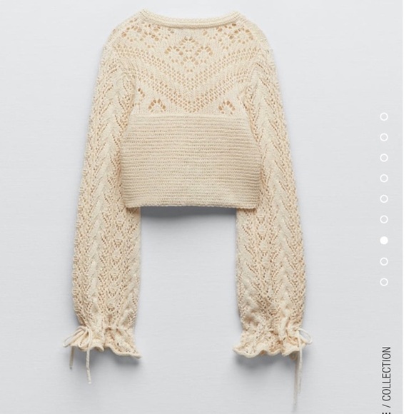 Zara Pointelle Knit Sweater Open Knit Crochet Cropped Sweater Cream Ecru NWOT - Picture 5 of 16